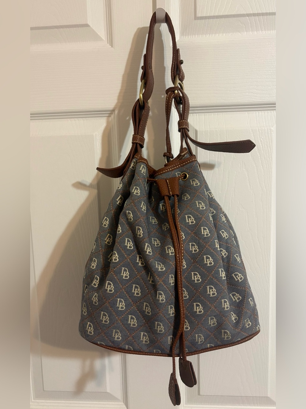 Vintage DOONEY & BOURKE, Y2K-era "Dillen" Monogram Drawstring Bucket Bag
